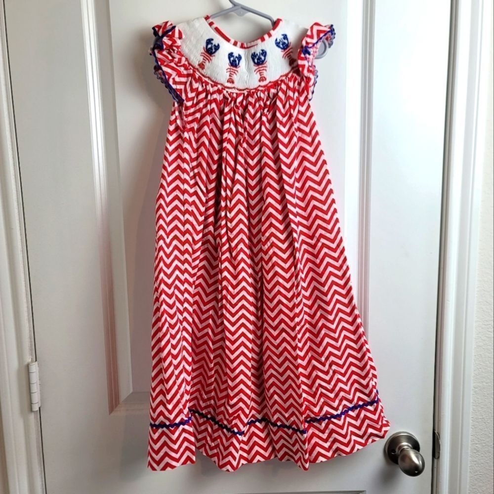 Red Chevron Smocked Girls' Maxi Dress with Lobster Embroidery 4th of July USA